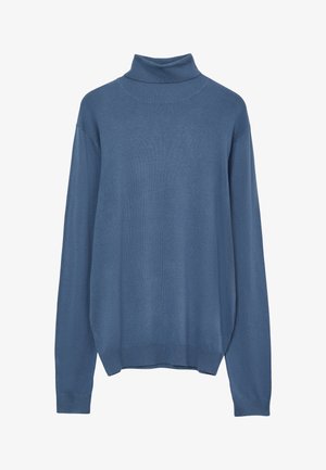 Maglione a collo alto blu realizzato in un morbido tessuto a maglia fine. Presenta maniche lunghe, un collo aderente e una vestibilità rilassata con polsini e orlo a coste.
