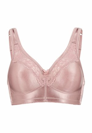Rosenfarbenes Bh-Top aus glattem Satinmaterial, mit Spitze am Ausschnitt, verstellbaren Trägern und einer dekorativen Schleife in der Mitte.