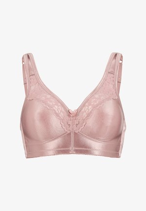 Rosafärgad bh i slät satin med spetsdetaljer vid ringningen, justerbara band och en dekorativ rosett i mitten.