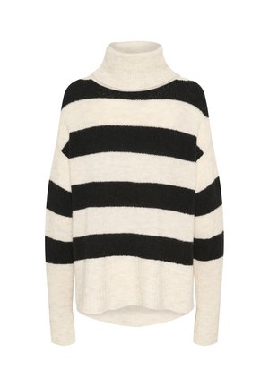 Black and cream striped turtleneck sweater, made from a soft knit material, featuring a relaxed fit and ribbed hem with a slightly high-low design.