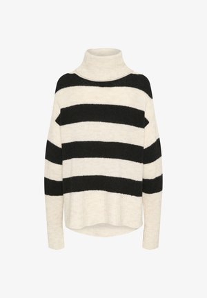 Fekete és krémszínű csíkos garbó pulóver, puha kötött anyagból, laza szabással és bordás szegéllyel, enyhén magas-lapos kialakítással.