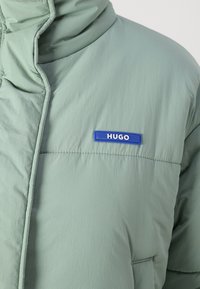 Puslinis švarkas šviesiai žalia medžiaga su aukštu apykakle ir mėlyna guminė „HUGO“ etiketė. Yra siuvinėti detalės ir lygus paviršius.