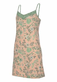 Floral nightdress with a peach background, green straps, and lace trim. Features a pattern of green and gray flowers and leaves.