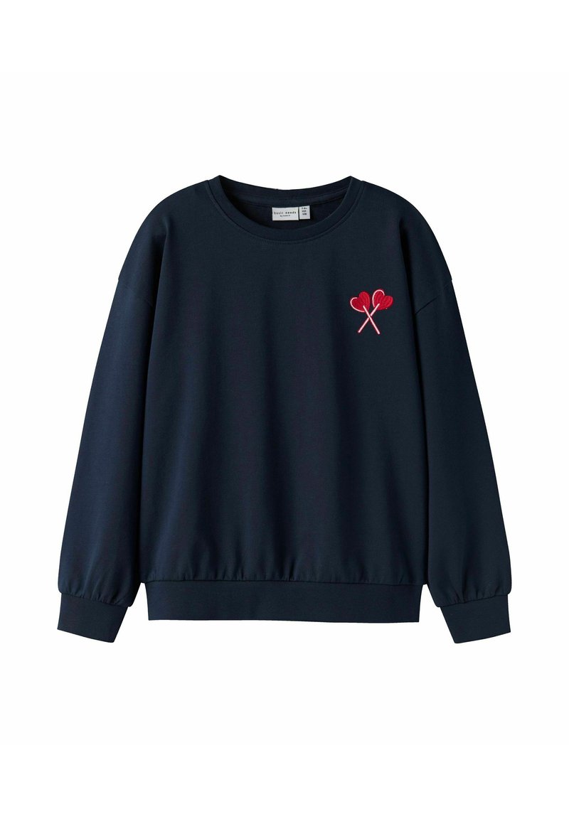 Sudadera azul marino de mezcla de algodón, con cuello redondo y mangas largas. Motivo de corazón rojo bordado en el lado izquierdo del pecho.
