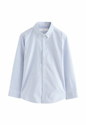 Camicia a maniche lunghe a righe azzurre e bianche con colletto a punta, realizzata in cotone, con chiusura frontale a bottoni e maniche con polsini.