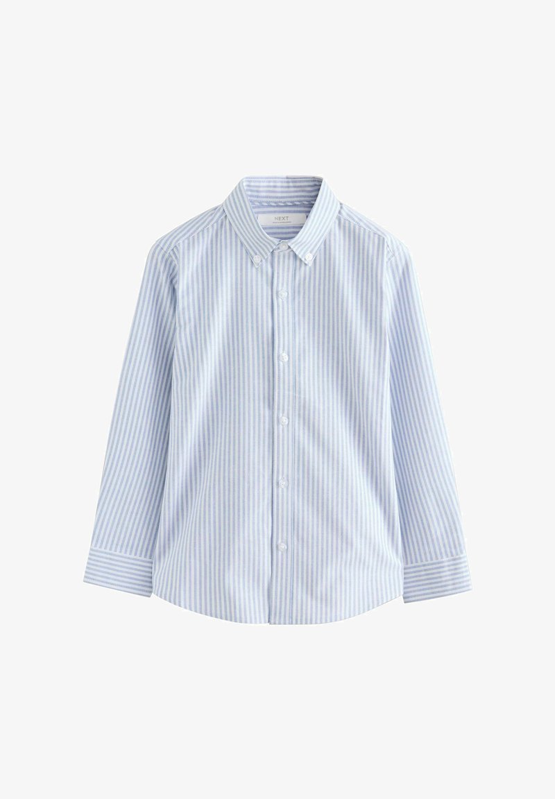 Langärmliges Hemd mit hellblau-weißen vertikalen Streifen und einem Button-Down-Kragen.