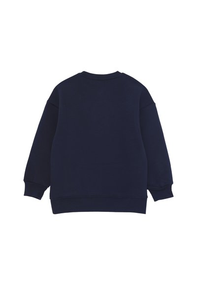 Felpa girocollo blu navy con maniche lunghe e polsini a costine, mostrata da dietro su uno sfondo bianco.