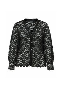 Zwarte kanten cardigan met een geschulpte zoom, een V-hals en lange mouwen met knoopsluitingen. Het ingewikkelde kanten patroon bevat bloemmotieven.