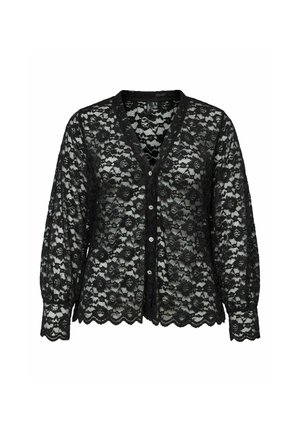 Črni čipkasti kardigan z nazobčanim robom, izrezom v obliki črke V in dolgimi rokavi z gumbnimi zapiranji. Zapleten vzorec čipke vključuje cvetlične detajle.