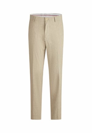 Beige Slim-Fit-Hose mit dezenten weißen Nadelstreifen, Gürtelschlaufen, vorderer Knopfleiste und Reißverschluss vor weißem Hintergrund.