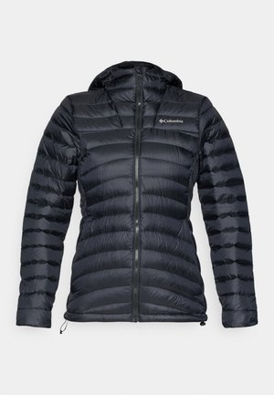 Veste isolée noire avec capuche, présentant un design matelassé, une fermeture éclair et un logo Columbia sur la poitrine. Texture lisse, légère.