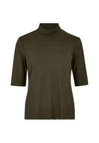 Olive zelený krátký rukáv turtleneck top vyrobený z hladké, elastické tkaniny; přiléhavý design s vysokým límcem a čistými, bezešvými okraji.