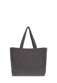 Grijze corduroy tote bag met twee stevige handvatten, rechthoekige vorm en gestructureerd oppervlak. Geen extra hardware of patronen.