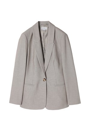 Grey pinstriped blazer with a notched lapel, single-button closure, and two front pockets. Smooth texture and structured fit.