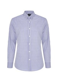 Koszula na guziki z niebiesko-białym pionowym wzorem w paski, z długimi rękawami,  z kołnierzykiem w szpic oraz zaokrąglonym dołem.