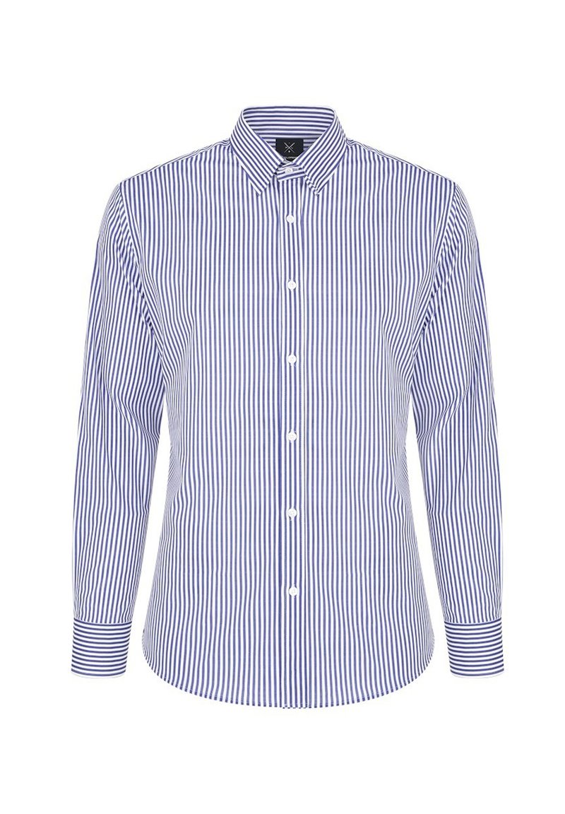 Koszula na guziki z niebiesko-białym pionowym wzorem w paski, z długimi rękawami,  z kołnierzykiem w szpic oraz zaokrąglonym dołem.