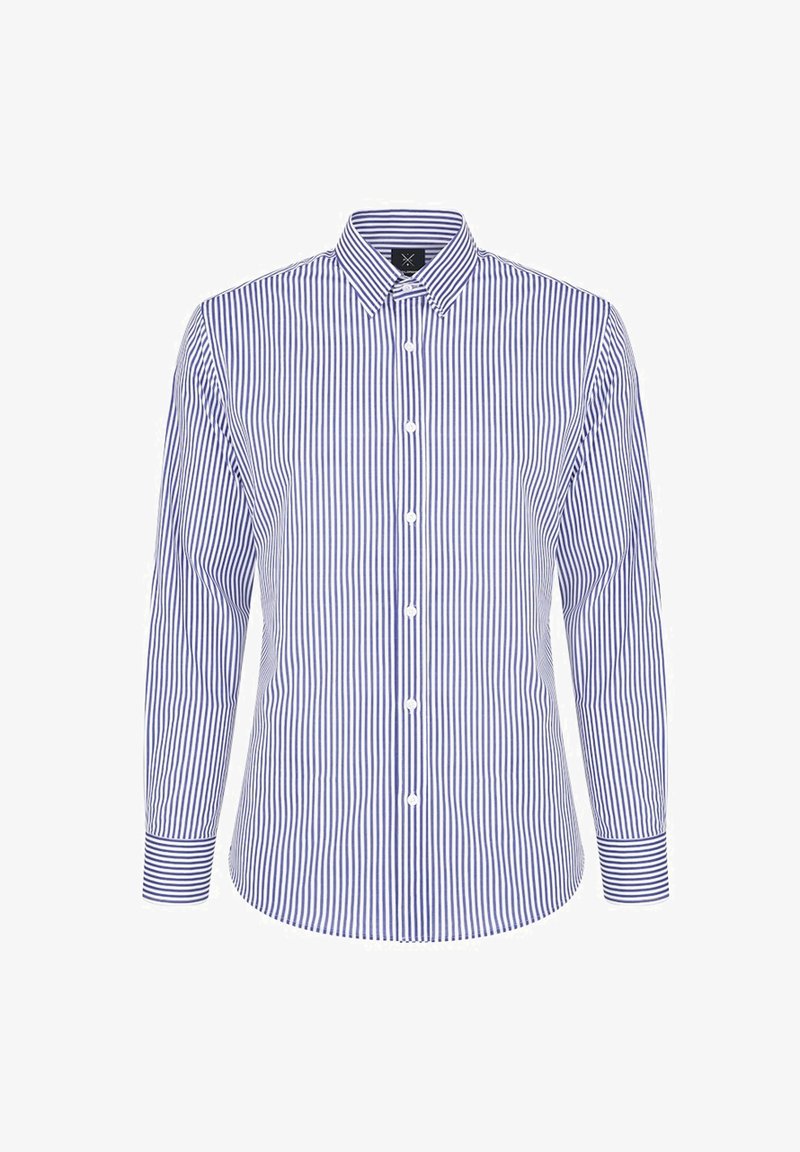 Koszula na guziki z niebiesko-białym pionowym wzorem w paski, z długimi rękawami, z kołnierzykiem w szpic oraz zaokrąglonym dołem.