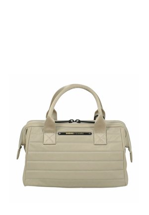 Bolsa de viaje rectangular beige con cierre de doble cremallera, dos asas resistentes, costura horizontal y etiqueta "Barbara Travelite" en el frente.