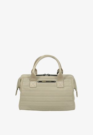 Beige rechthoekige reisttas met dubbele ritssluiting, twee stevige handvatten, horizontale steken en een "Barbara Travelite" label aan de voorkant.