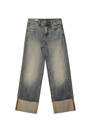 Jeans in denim con un lavaggio blu sbiadito, design a gamba larga, orli arrotolati e cuciture a contrasto. Presentano uno stile classico a cinque tasche.