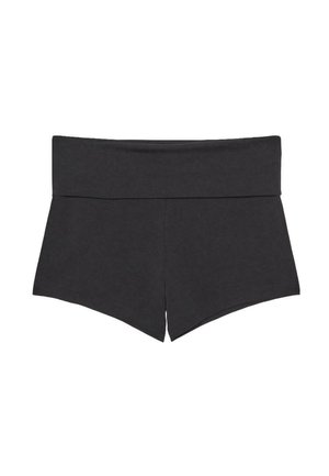 Shorts noirs taille haute et ajustés avec une large ceinture et une petite fente à l'avant de chaque jambe, présentés sur un fond blanc.