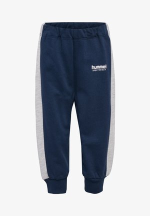 Marineblaue Jogginghose mit grauen seitlichen Besätzen, elastischem Bund, gerippten Säumen und weißem "Hummel Sportswear"-Logo auf der Vorderseite. Weicher Stoff.