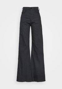 Pantalones de mezclilla negros de pierna ancha con cintura alta, diseño de cinco bolsillos y cierre de botón. Textura suave y detalles de costura mínimos.