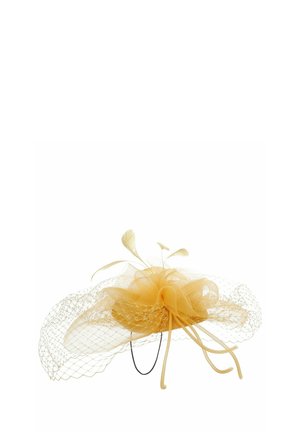 Yellow fascinator hat with mesh netting, loops, and feather accents on a thin black headband.