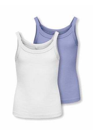 Twee geribbelde tanktops, één wit aan de voorkant en één lavendel aan de achterkant, beide mouwloos met ronde halslijn op een witte achtergrond.