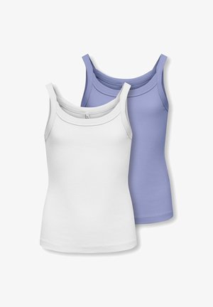 Dwa prążkowane topy na ramiączkach, jeden biały z przodu, drugi lawendowy z tyłu, oba bez rękawów z okrągłym dekoltem na białym tle.