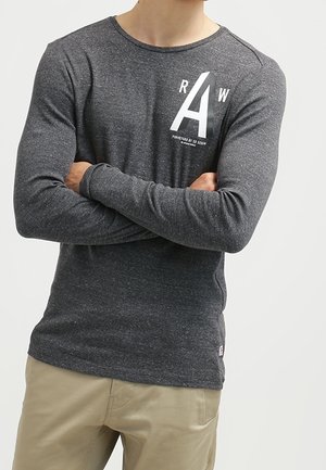 Langärmliges graues Jerseyt-Shirt mit Rundhalsausschnitt, mit einer weißen Grafik "R A W" auf der Vorderseite und einem Etikett unten links.