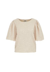 Beige krátký rukáv top s nabíranými rukávy, kulatým výstřihem a texturovaným flitrovým materiálem, vystavený na bílém pozadí.
