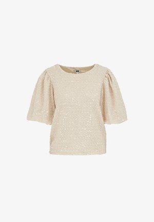 Beige kortärmad topp med puffärmar, rund hals och texturerad paljettmaterial, uppvisad mot en vit bakgrund.