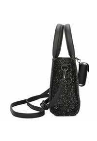 Borsa a mano nera glitterata con una forma strutturata, superficie testurizzata, doppi manici, tracolla staccabile e una piccola tasca accessoria.