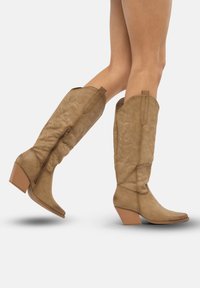 Botas de vaquero marrones con un eje texturizado, cremallera lateral y tacón en capas. Patrones de costura decorativa adornan la parte superior de la bota.