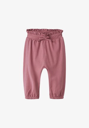 Pantalon rose doux pour tout-petit avec taille élastique à volants, nœud noué à l'avant et poignets élastiques aux chevilles.