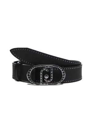 Schwarzer Ledergürtel mit silbernen, genieteten Kanten und einer ovalen Schnalle mit juwelenbesetztem Monogramm-Design in der Mitte.