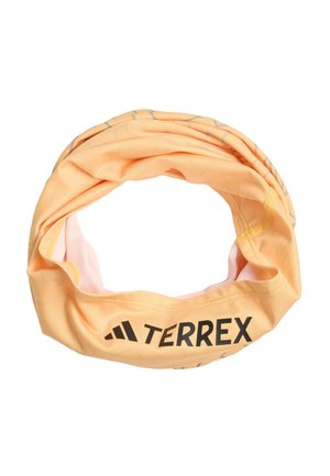 Light orange fabric neck gaiter with gray stripes and black "TERREX" logo printed on one side.