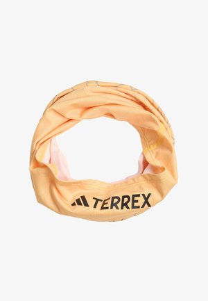 Light orange fabric neck gaiter with gray stripes and black "TERREX" logo printed on one side.