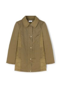 Giacca trapuntata verde oliva, con colletto, chiusura frontale a bottone a pressione e tasche laterali, realizzata in tessuto liscio sulle maniche e sul corpo.