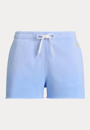 Light blue cotton shorts with elastic waistband and white drawstring, featuring a small yellow embroidered logo on the right side.