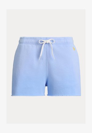 Light blue cotton shorts with elastic waistband and white drawstring, featuring a small yellow embroidered logo on the right side.