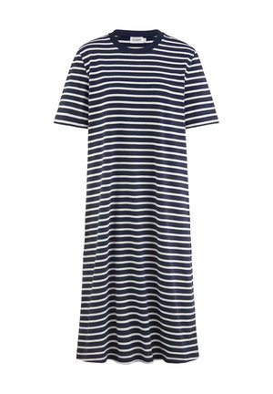 Abito a t-shirt a strisce in blu navy e bianco, realizzato in tessuto morbido. Presenta un collo rotondo, maniche corte e una vestibilità morbida.