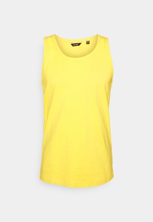 Yellow cotton tank top with a round neck and sleeveless design. Smooth texture, clean lines, and an even hem finish.