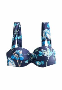 Bloemige bikini-top met een marineblauwe achtergrond, met blauwe en teal bloemenpatronen, ruching in het midden en brede, verstelbare schouderbanden.