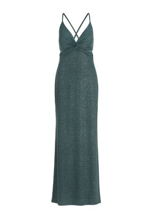 Robe de soirée vert foncé pailletée avec fines bretelles croisées et un décolleté en V profond, longueur au sol et cintrée à la taille.