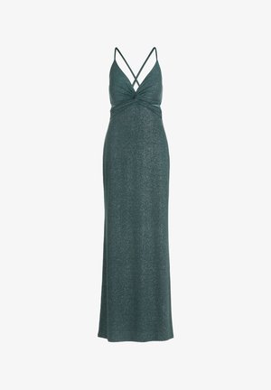 Robe de soirée vert foncé pailletée avec fines bretelles croisées et un décolleté en V profond, longueur au sol et cintrée à la taille.