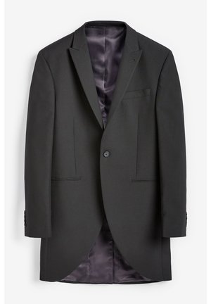 Schwarzer Blazer mit schlankem Schnitt, Ein-Knopf-Verschluss, Reverskragen, zwei vorderen Taschen und satinierter Innenverkleidung. Glatte Stoffstruktur.