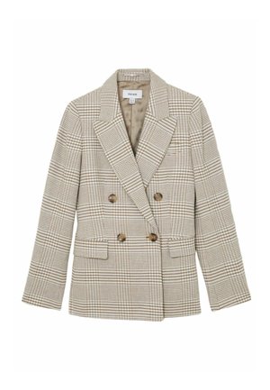 Dvigubo klostavimo šviesiai rudos ir rudos spalvos languotas švarkas su plačiais atlapais, keturiais rudais mygtukais ir kišenėmis su užtrauktuku, pažymėtas REISS, dydis 6 JK.