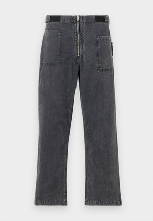 Tumši pelēki džinsu bikses ar taisnu kāju dizainu, ar priekšējo rāvējslēdzēju, elastīgu jostu un divām lielām kabatām sānos.